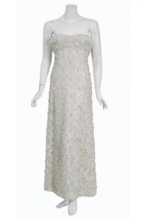 1965 Pierre Balmain Haute-Couture Ivory Beaded Metallic Lace Strapless Gown