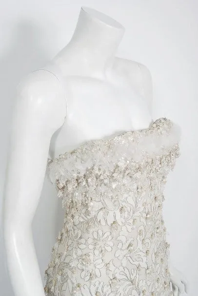 1965 Pierre Balmain Haute-Couture Ivory Beaded Metallic Lace Strapless Gown