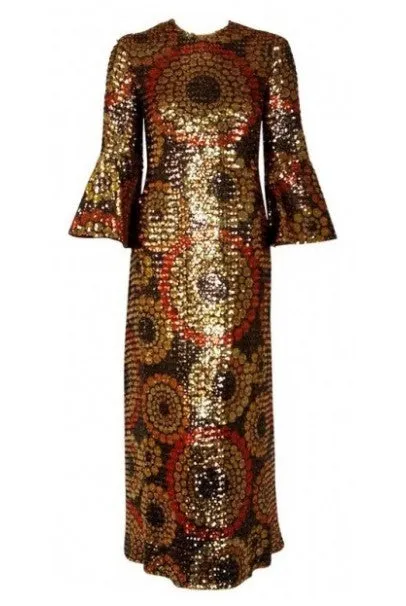 1968 Pierre Balmain Haute Couture Graphic Sequin Bell Sleeve Column Dress