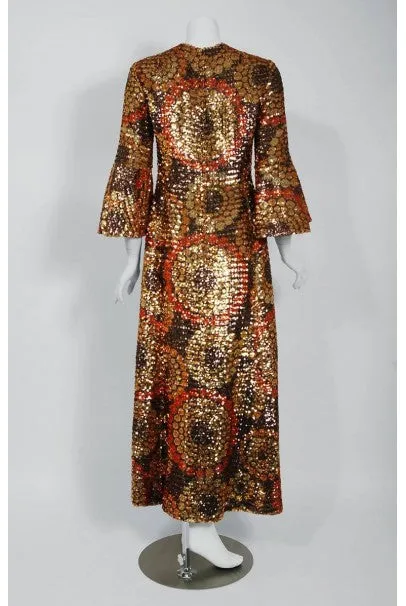 1968 Pierre Balmain Haute Couture Graphic Sequin Bell Sleeve Column Dress