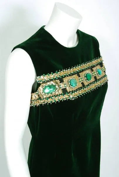 1969 Pierre Balmain Haute-Couture Green Velvet Beaded Jeweled Gown & Tassel Wrap