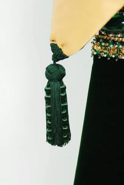 1969 Pierre Balmain Haute-Couture Green Velvet Beaded Jeweled Gown & Tassel Wrap