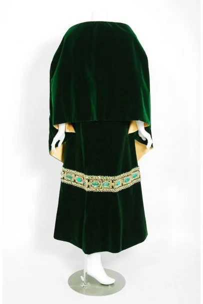 1969 Pierre Balmain Haute-Couture Green Velvet Beaded Jeweled Gown & Tassel Wrap