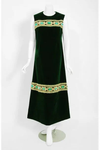 1969 Pierre Balmain Haute-Couture Green Velvet Beaded Jeweled Gown & Tassel Wrap