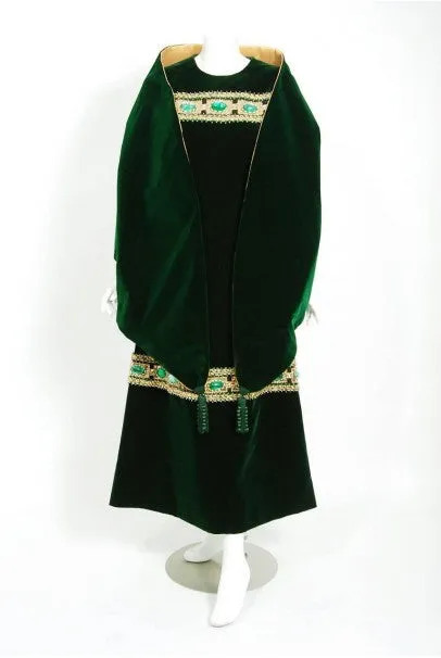 1969 Pierre Balmain Haute-Couture Green Velvet Beaded Jeweled Gown & Tassel Wrap