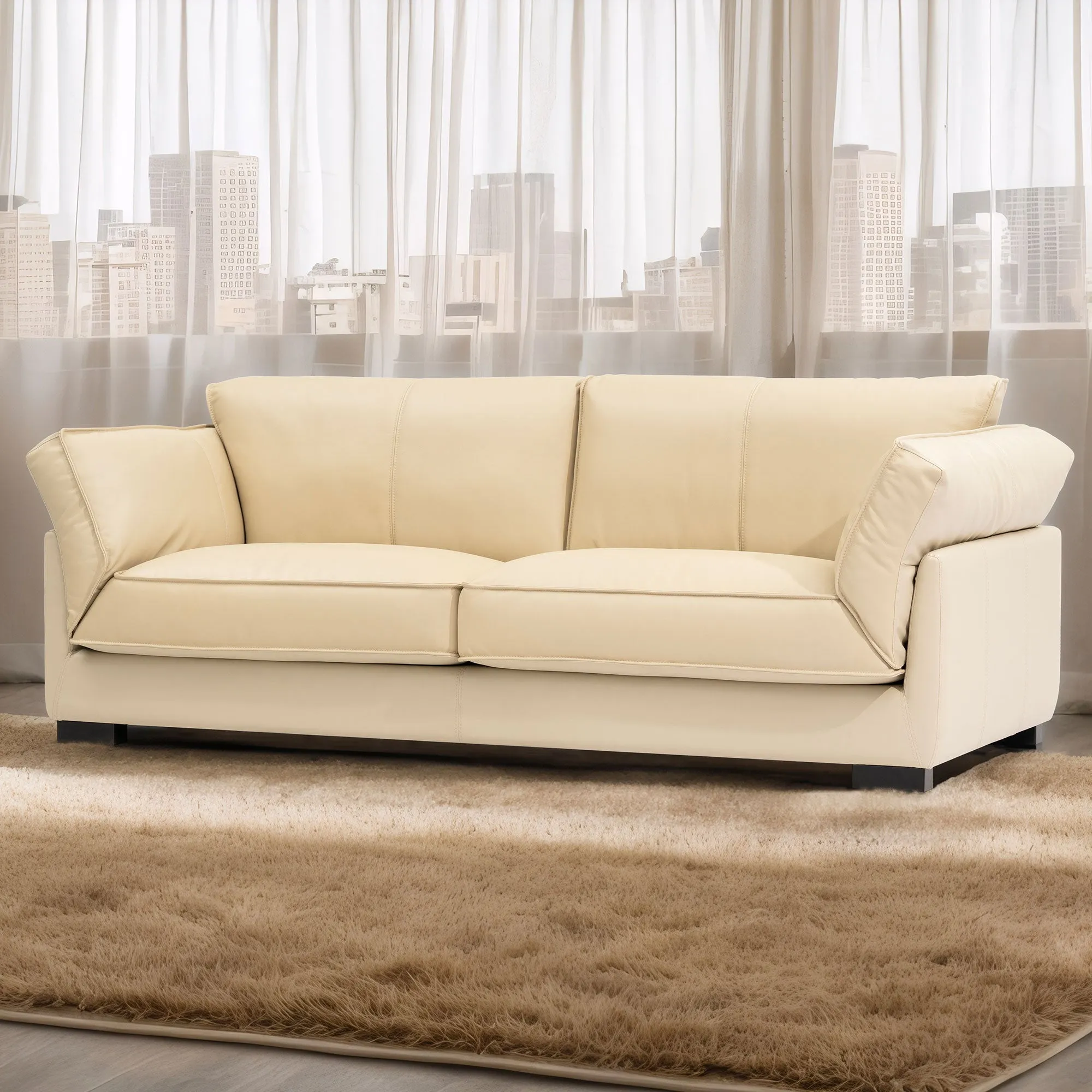 89.76" Genuine Leather 3-Seater Sofa, Mid-Century Modern Couch for Living Room, Bedroom, Office - Beige