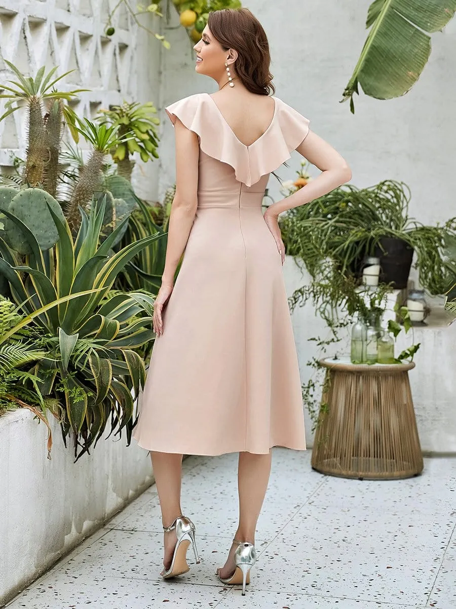 A-Line Sleeveless Double V Lotus Leaf Collar Midi Cocktail Dress