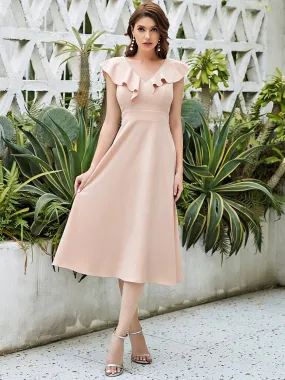 A-Line Sleeveless Double V Lotus Leaf Collar Midi Cocktail Dress