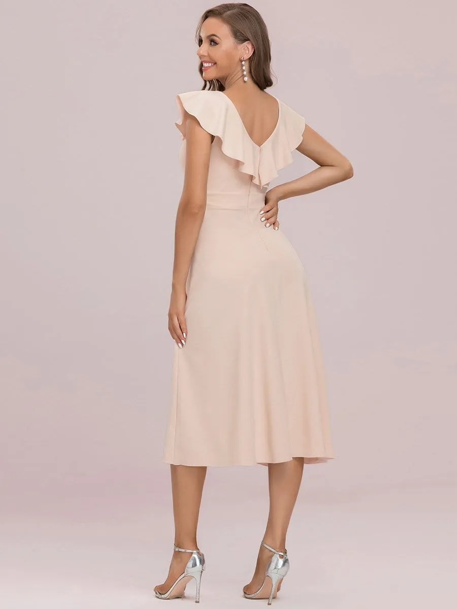 A-Line Sleeveless Double V Lotus Leaf Collar Midi Cocktail Dress