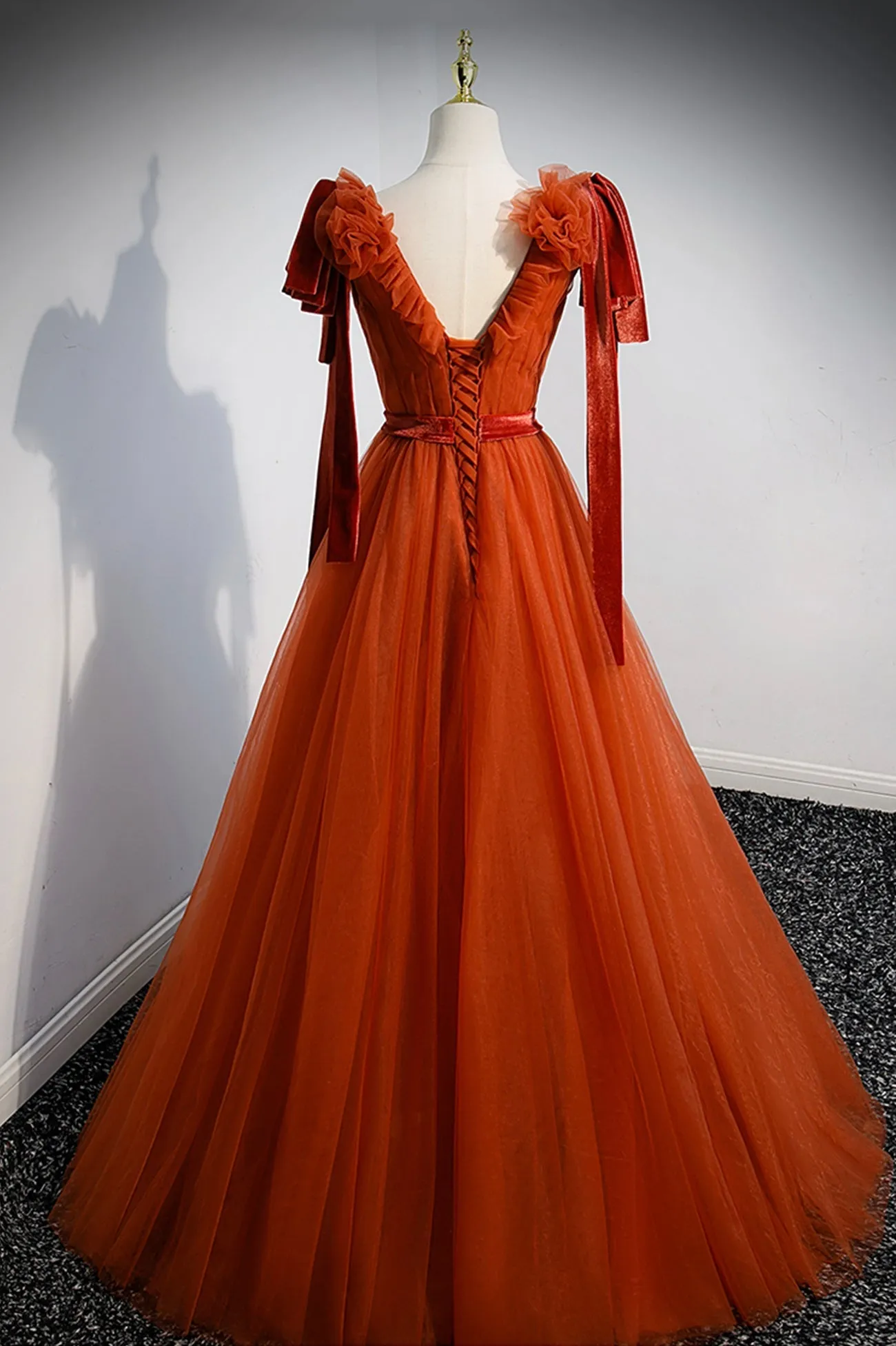 A-Line Tulle Long Prom Dress, Orange V-Neck Long Simple Evening Dress