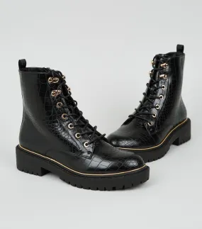 Black Faux Croc Chunky Lace Up Boots