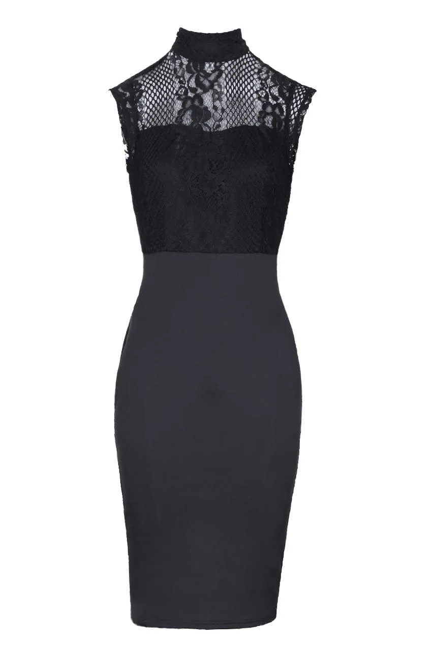 Black High Neck Lace Detail Midi Dress