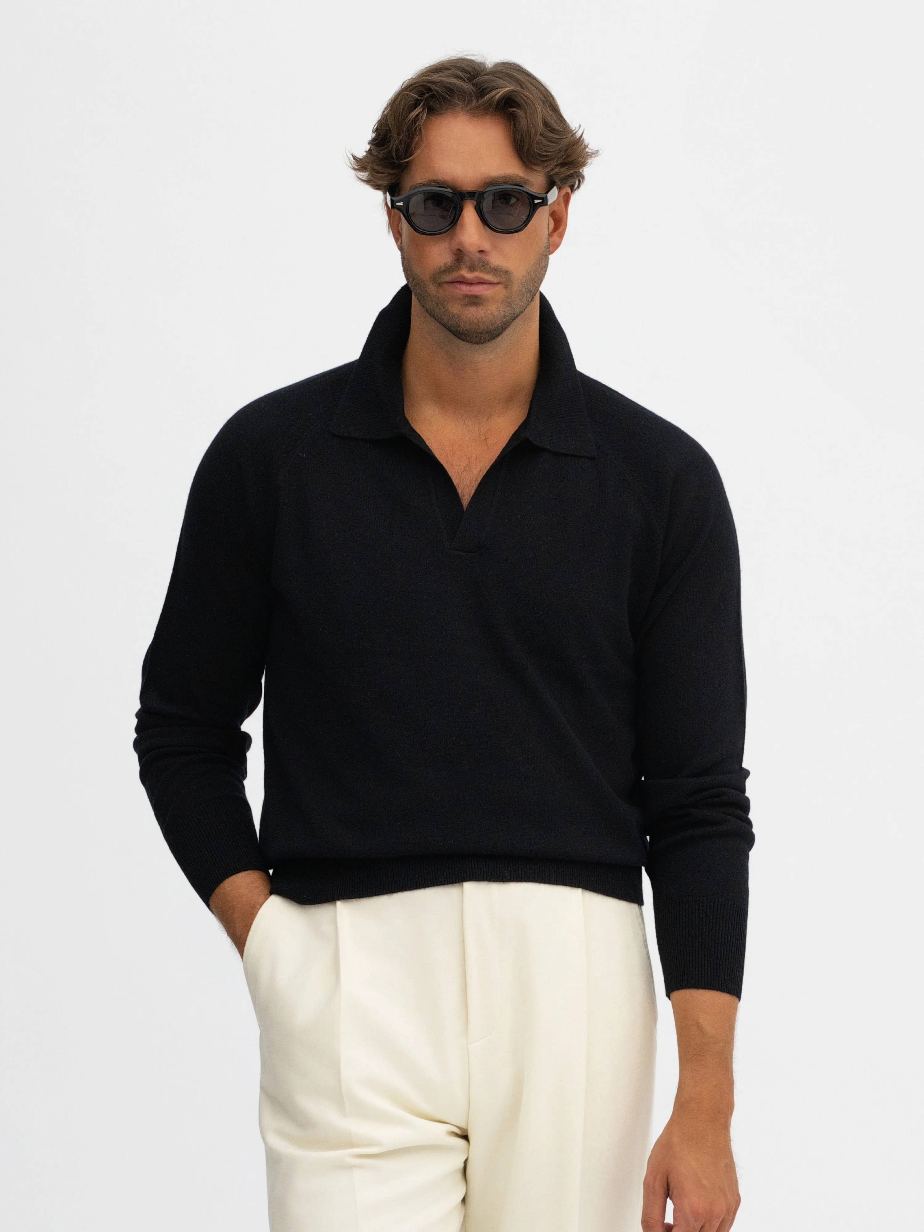 Black Merino Wool Cashmere Polo