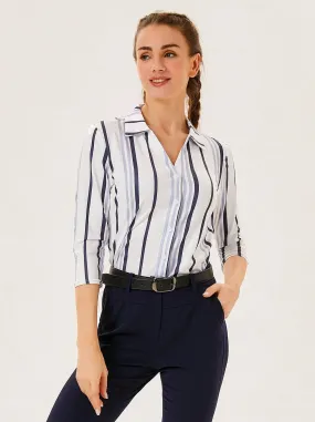 Black Striped V-Neck Button Down 3/4 Sleeve Shirt - Suitable for Weekend Outings