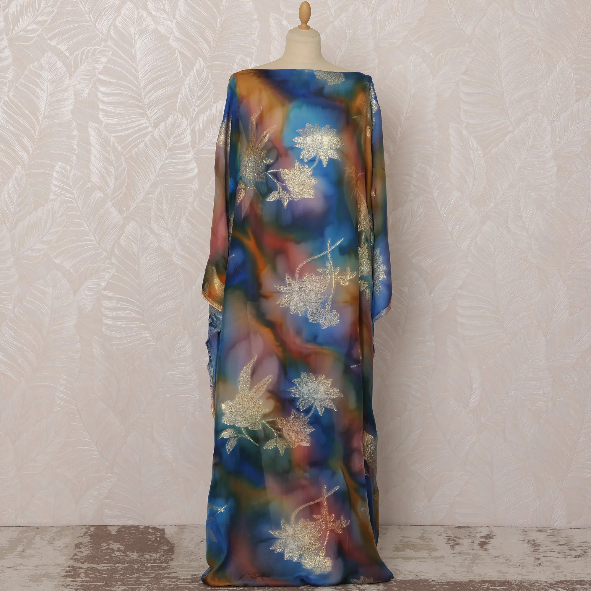 Blue and Gold Floral Silk Chiffon Dirac Fabric with Metallic Lurex, 3.5 Meters, 140 cm Width-D20798