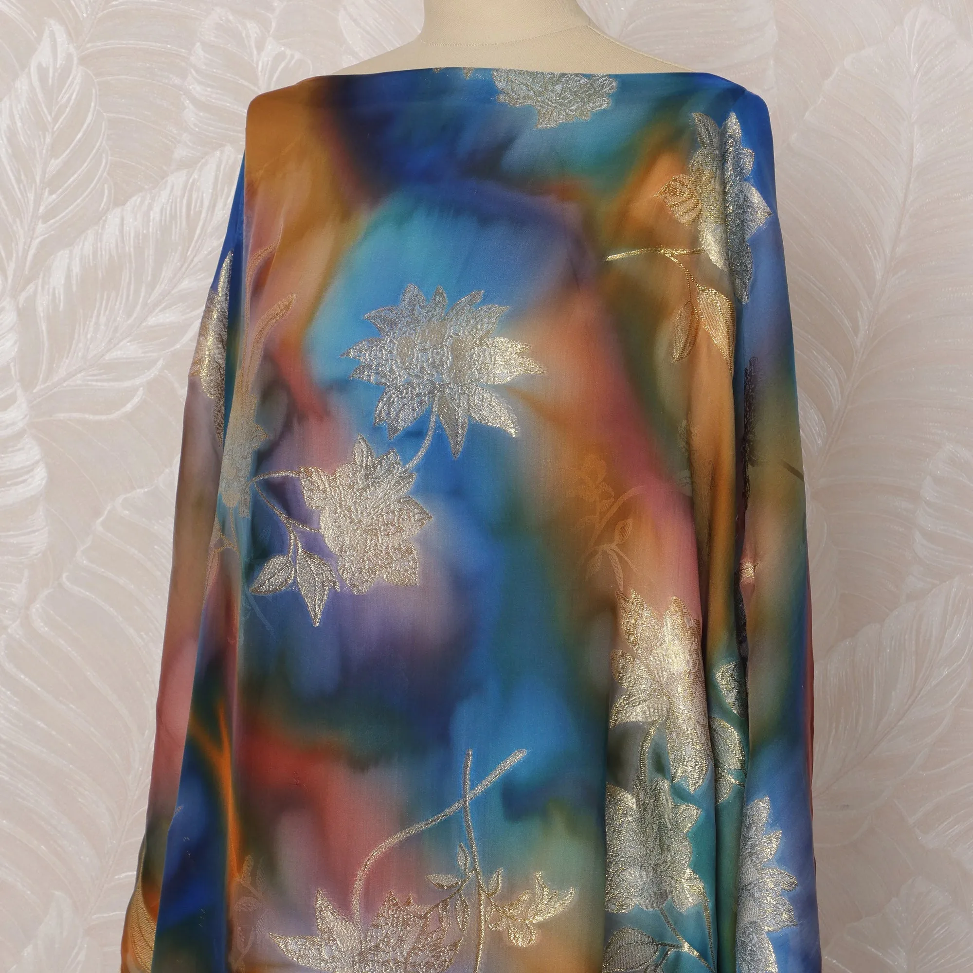 Blue and Gold Floral Silk Chiffon Dirac Fabric with Metallic Lurex, 3.5 Meters, 140 cm Width-D20798