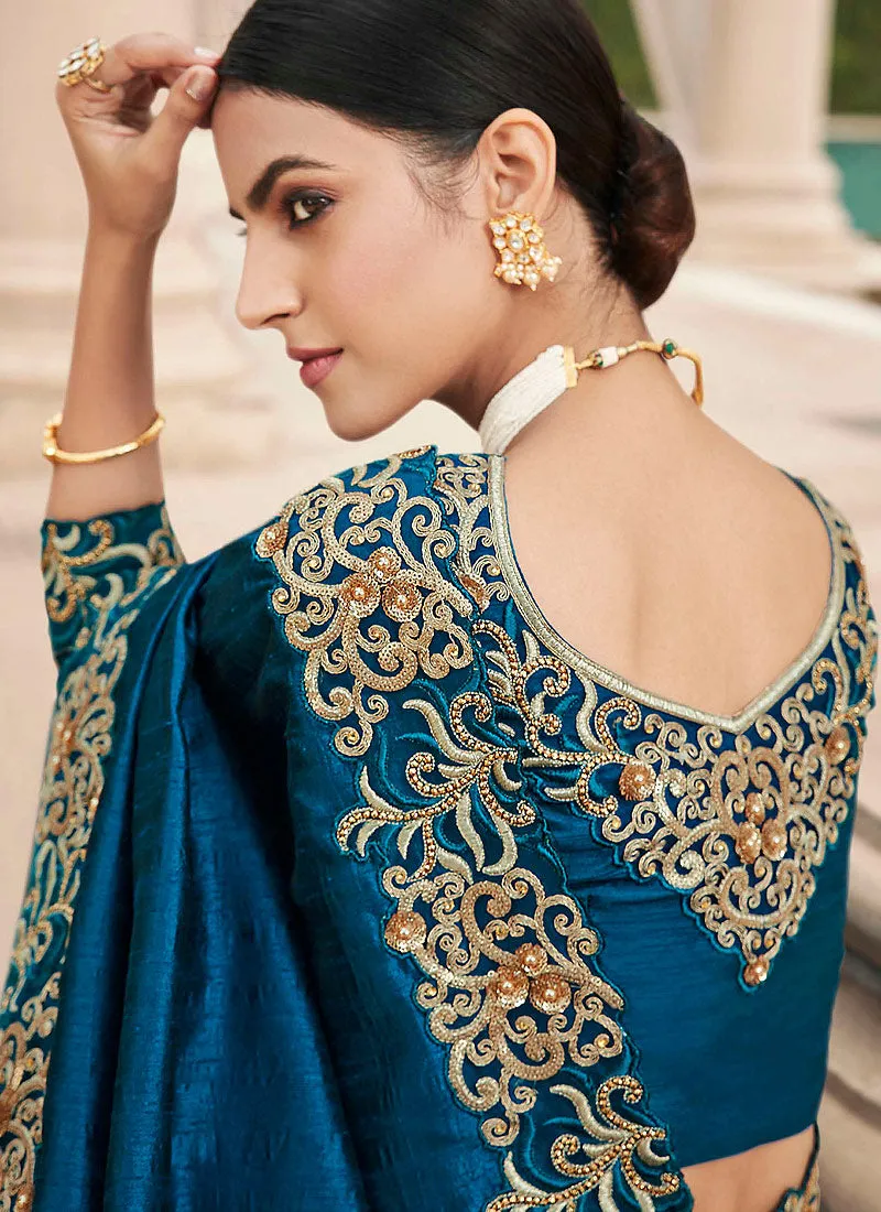 Blue Embroidered Designer Silk Saree