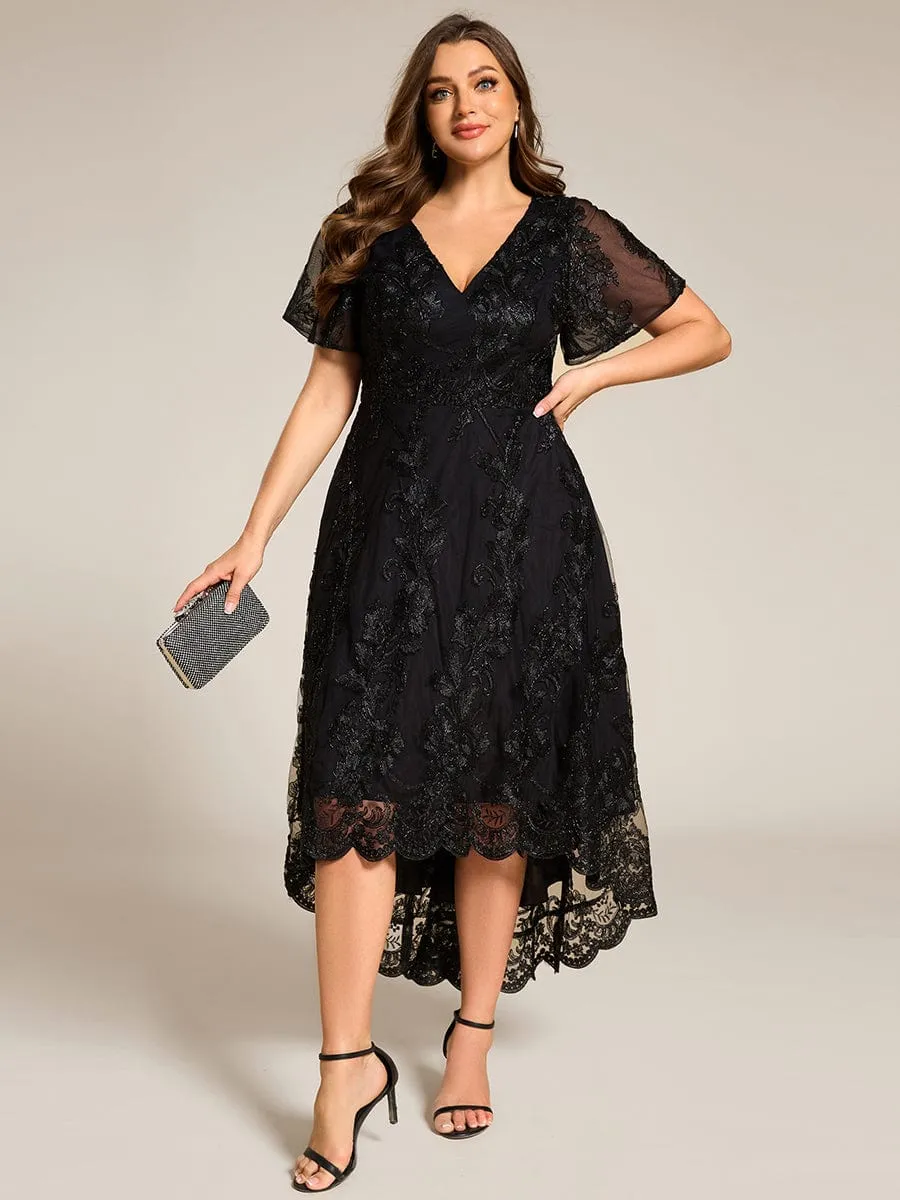 Bonnie | Plus Size Short Sleeves Embroidered Mesh A-Line V-Neck Midi Wedding Guest Dress