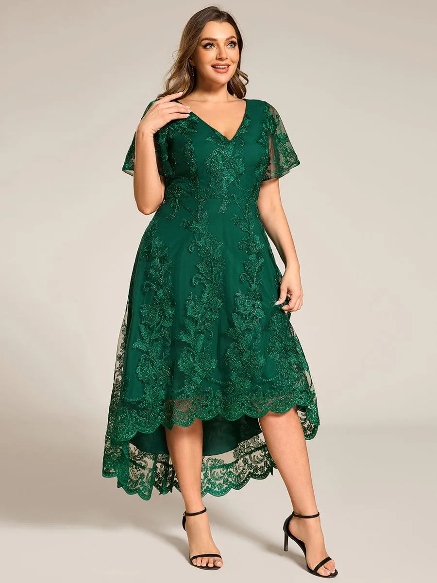 Bonnie | Plus Size Short Sleeves Embroidered Mesh A-Line V-Neck Midi Wedding Guest Dress