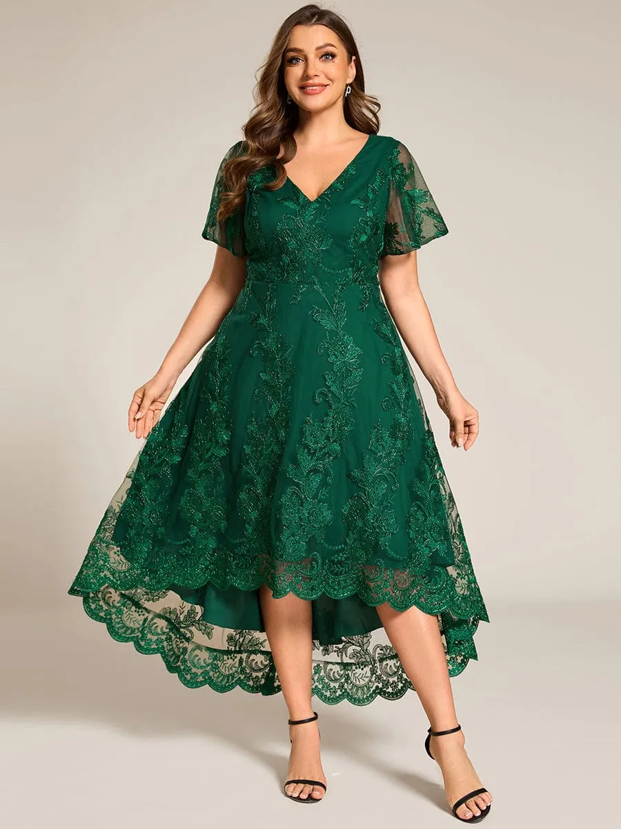 Bonnie | Plus Size Short Sleeves Embroidered Mesh A-Line V-Neck Midi Wedding Guest Dress