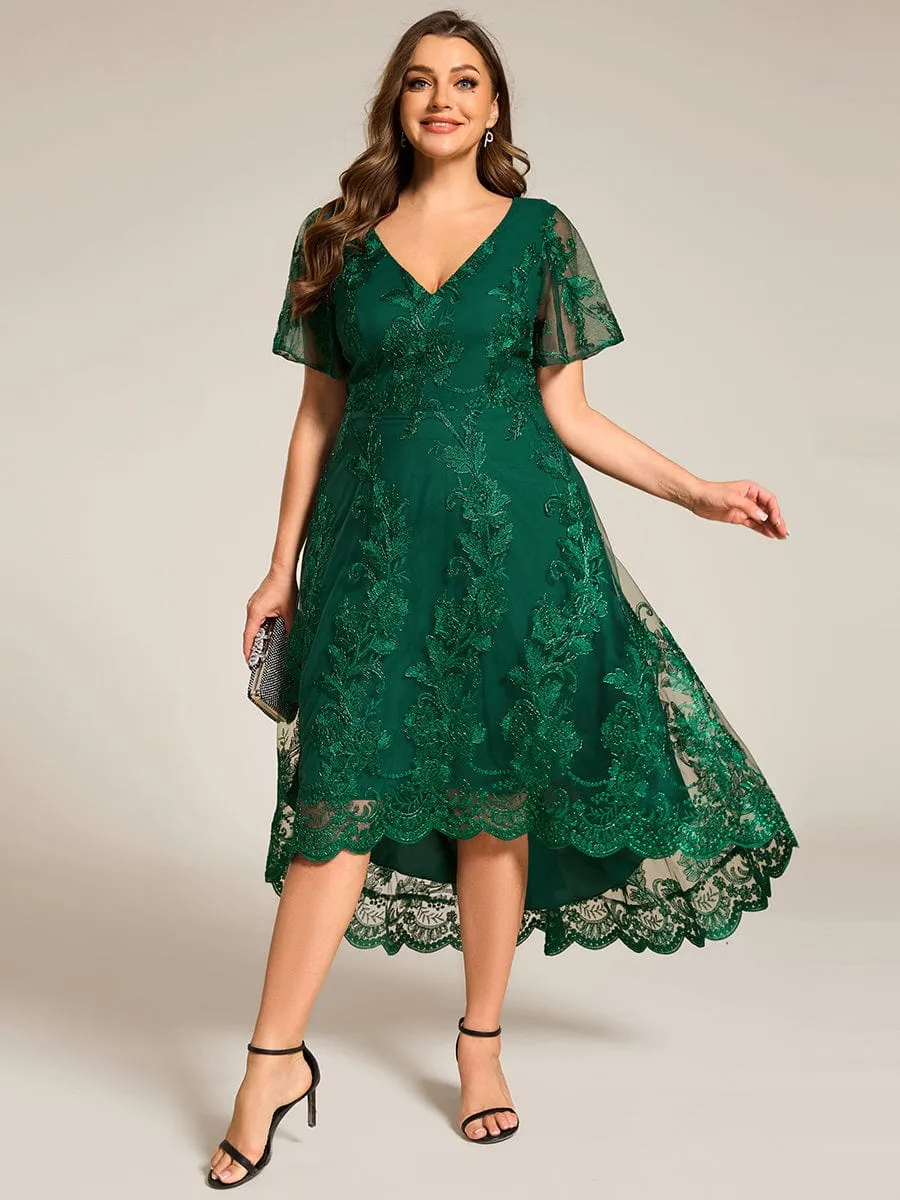 Bonnie | Plus Size Short Sleeves Embroidered Mesh A-Line V-Neck Midi Wedding Guest Dress