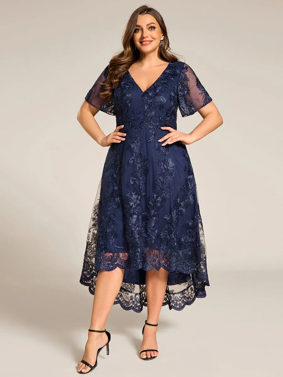 Bonnie | Plus Size Short Sleeves Embroidered Mesh A-Line V-Neck Midi Wedding Guest Dress