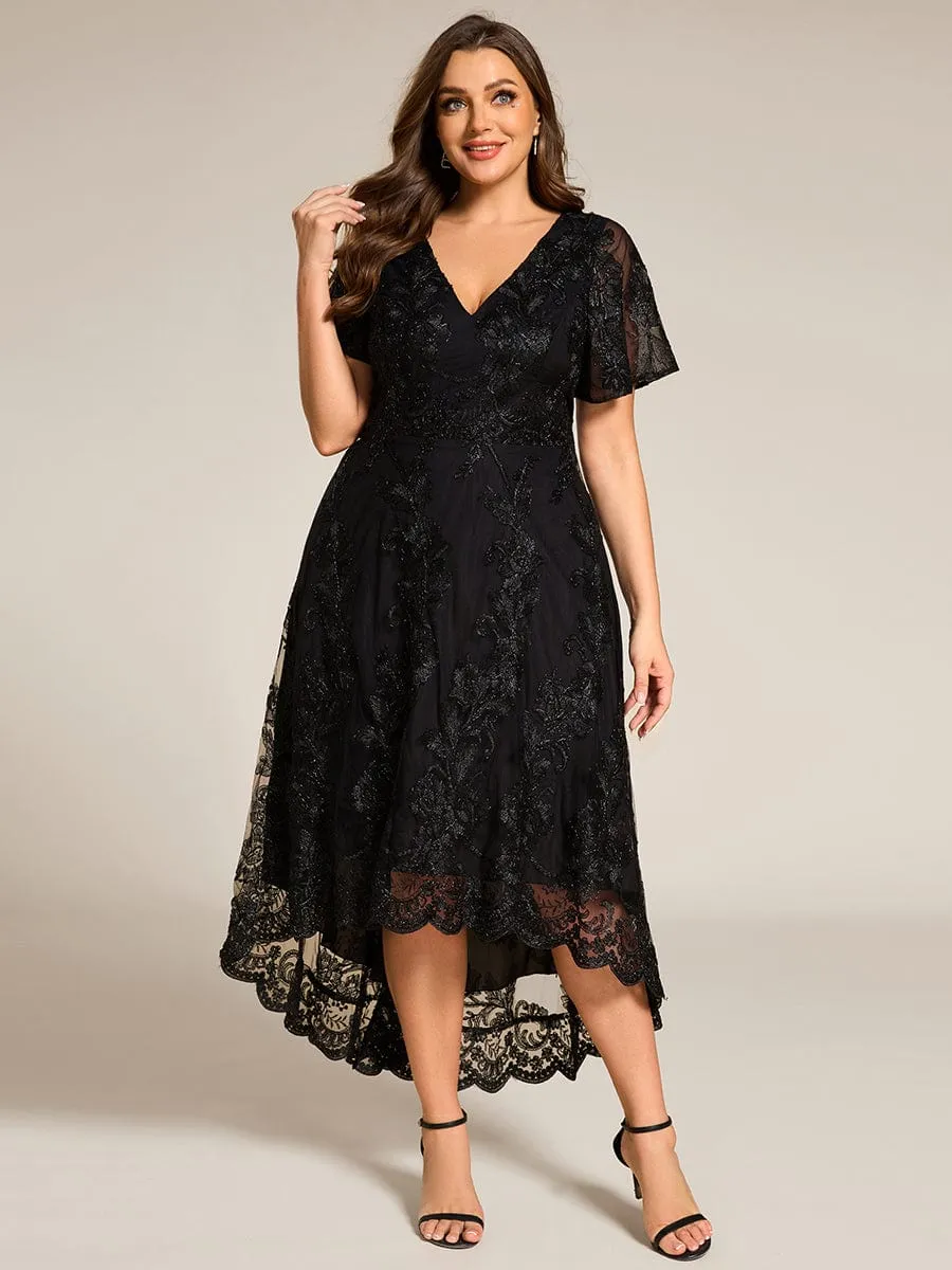 Bonnie | Plus Size Short Sleeves Embroidered Mesh A-Line V-Neck Midi Wedding Guest Dress