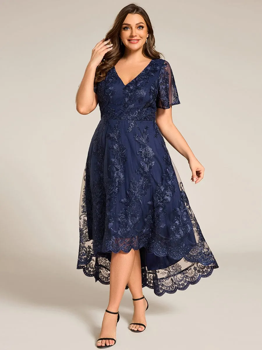 Bonnie | Plus Size Short Sleeves Embroidered Mesh A-Line V-Neck Midi Wedding Guest Dress