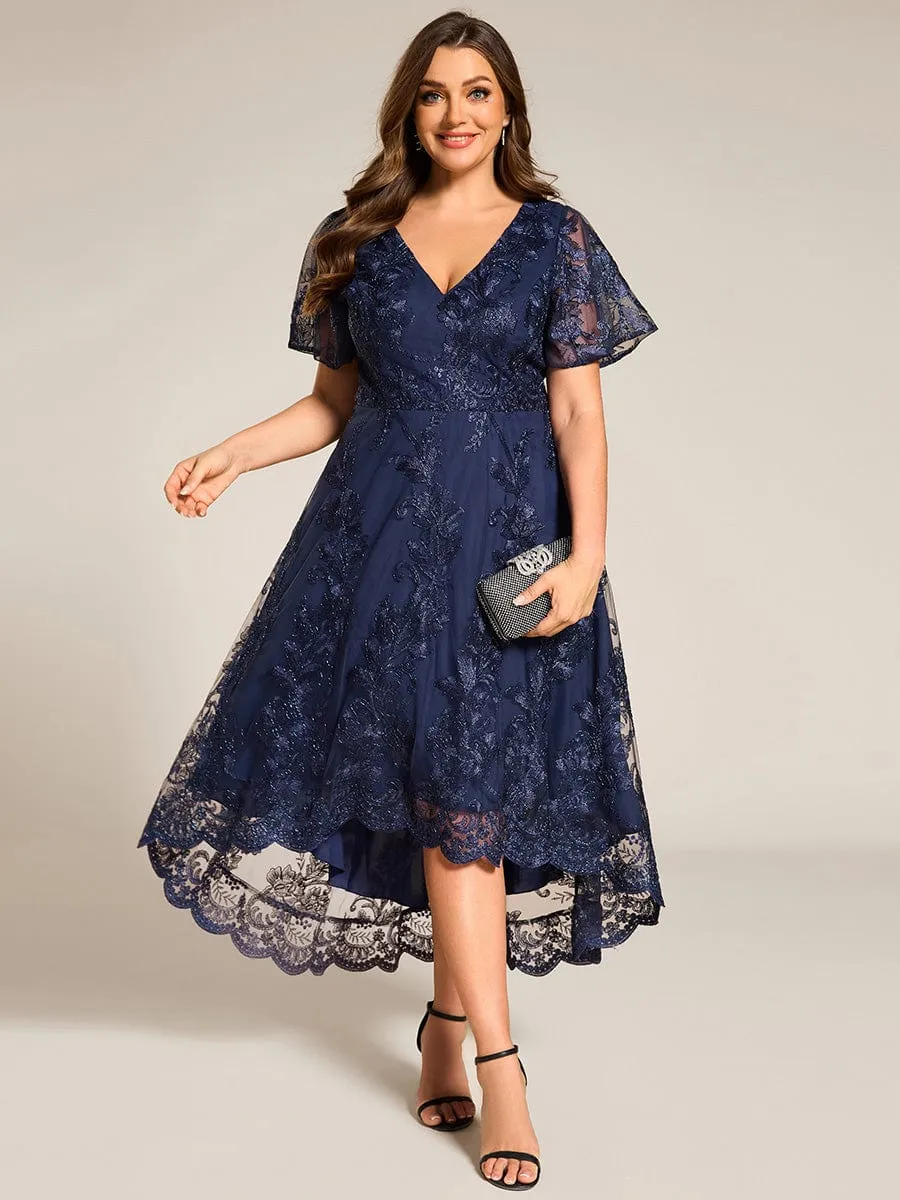 Bonnie | Plus Size Short Sleeves Embroidered Mesh A-Line V-Neck Midi Wedding Guest Dress