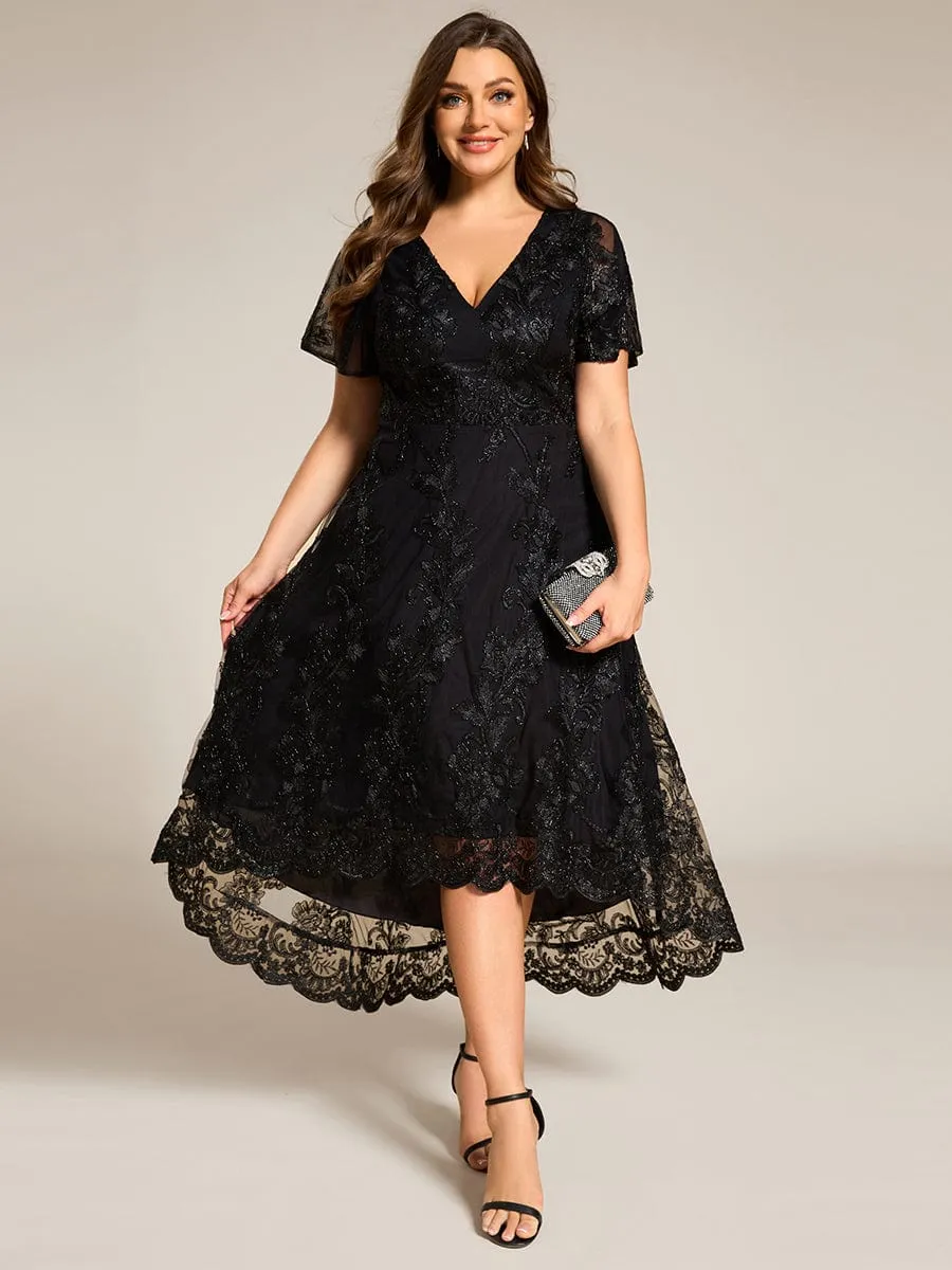 Bonnie | Plus Size Short Sleeves Embroidered Mesh A-Line V-Neck Midi Wedding Guest Dress