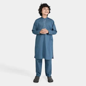 Boys Cotton Slub Shalwar Suit-Blue stone