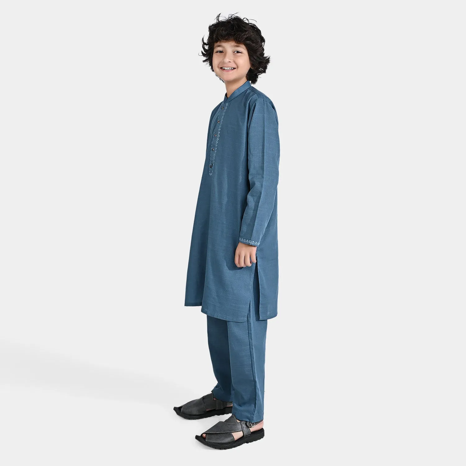 Boys Cotton Slub Shalwar Suit-Blue stone