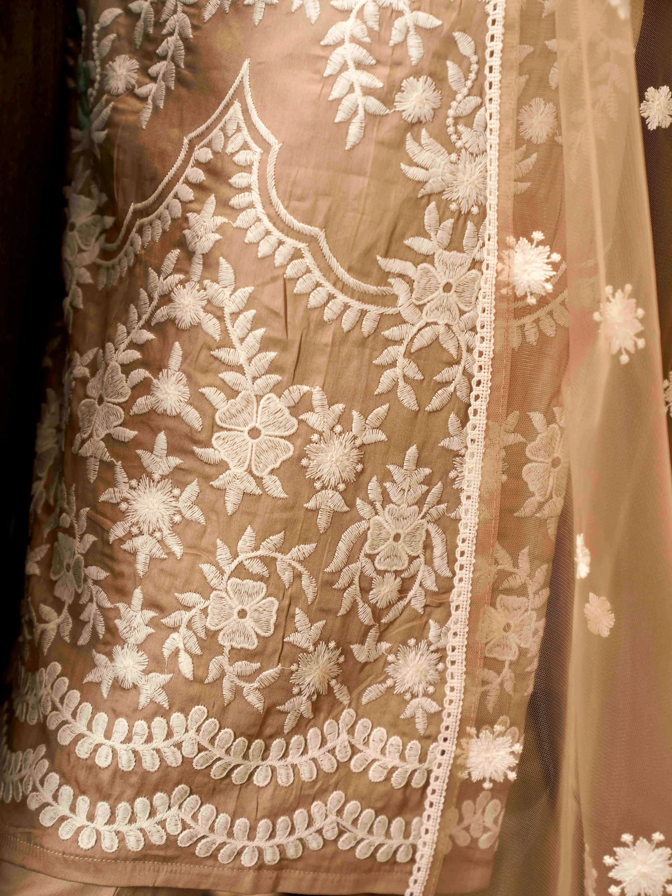 Brown Cotton Floral Embroidered Chikankari Suit Set with Dupatta