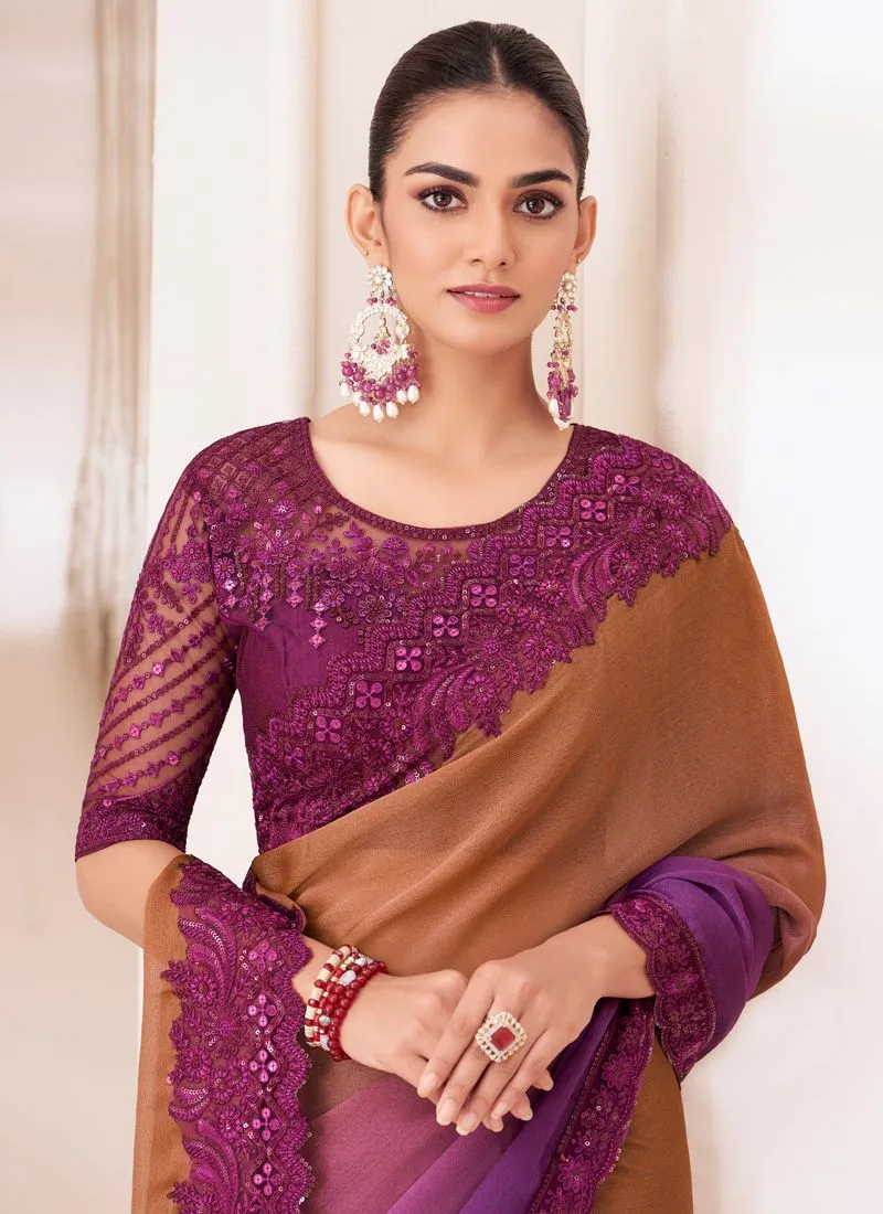 Copper Red-Violet Pioneer Shaded Chiffon Party Saree