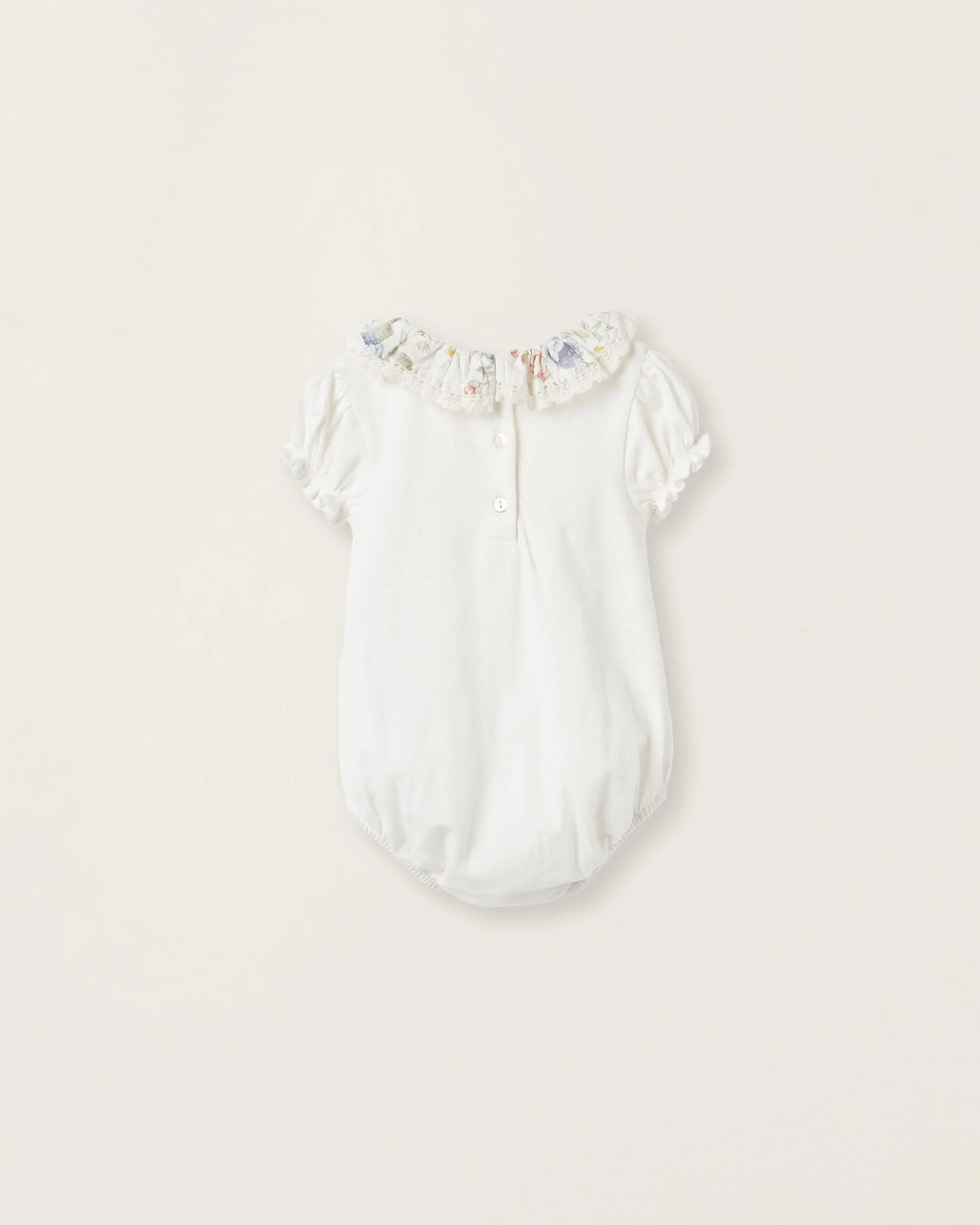 Cotton Bodysuit with Floral Collar for Newborn Girls, White