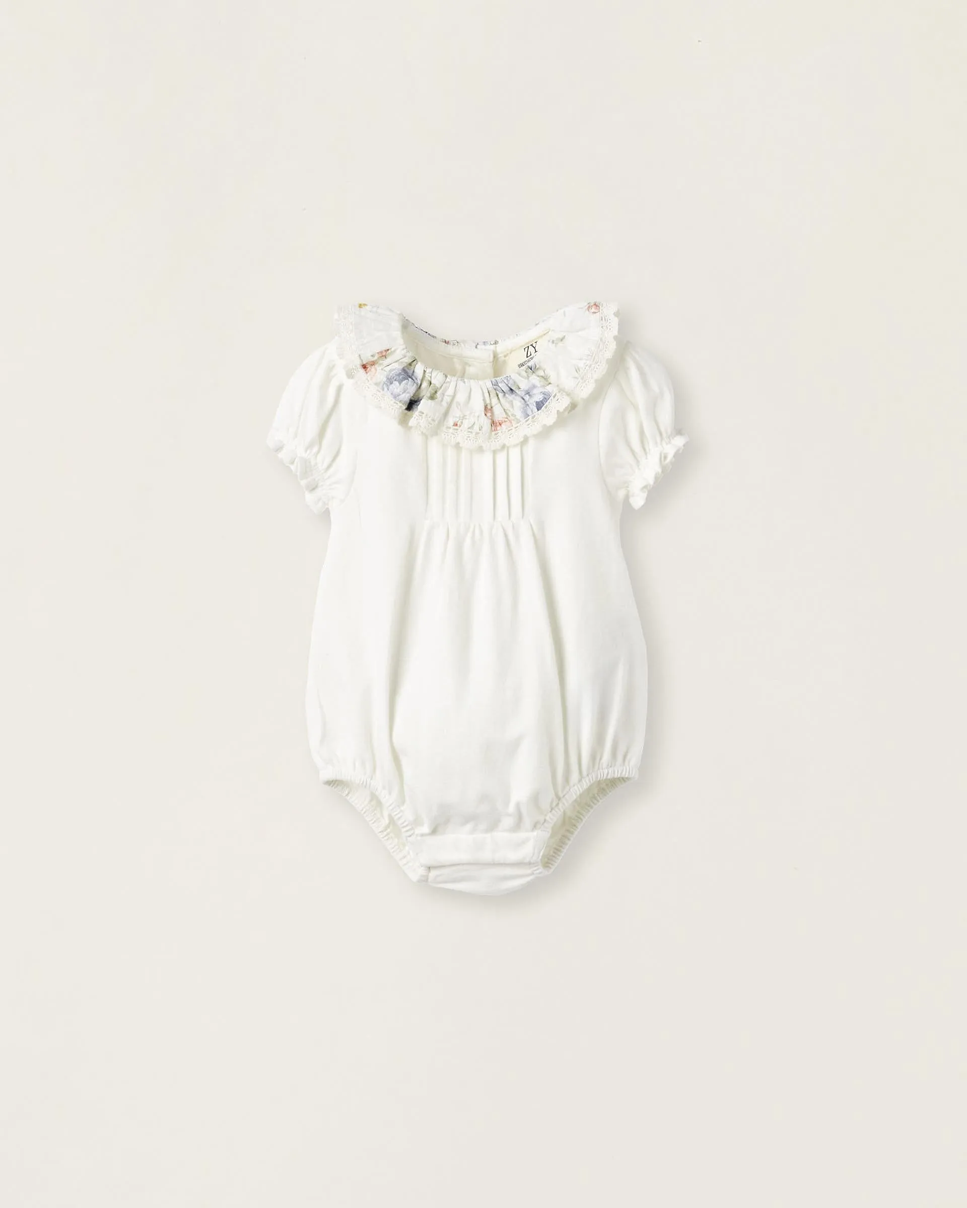 Cotton Bodysuit with Floral Collar for Newborn Girls, White