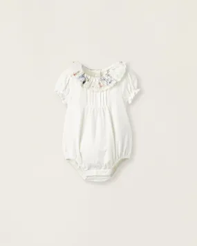 Cotton Bodysuit with Floral Collar for Newborn Girls, White