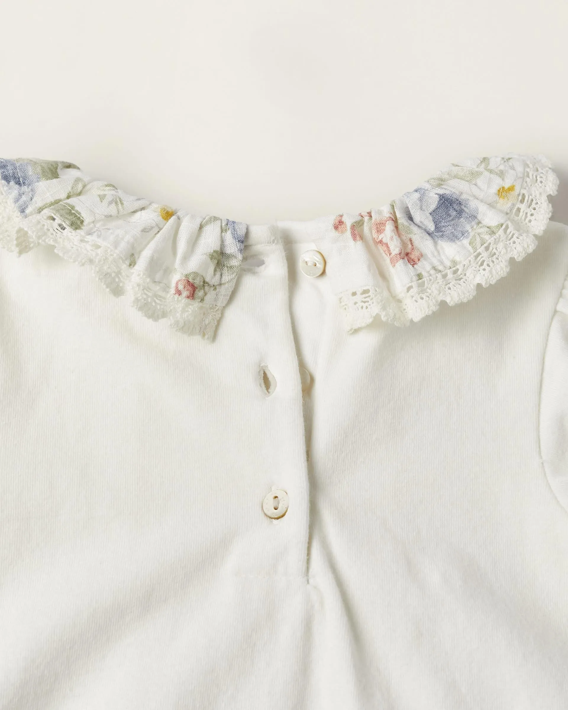 Cotton Bodysuit with Floral Collar for Newborn Girls, White