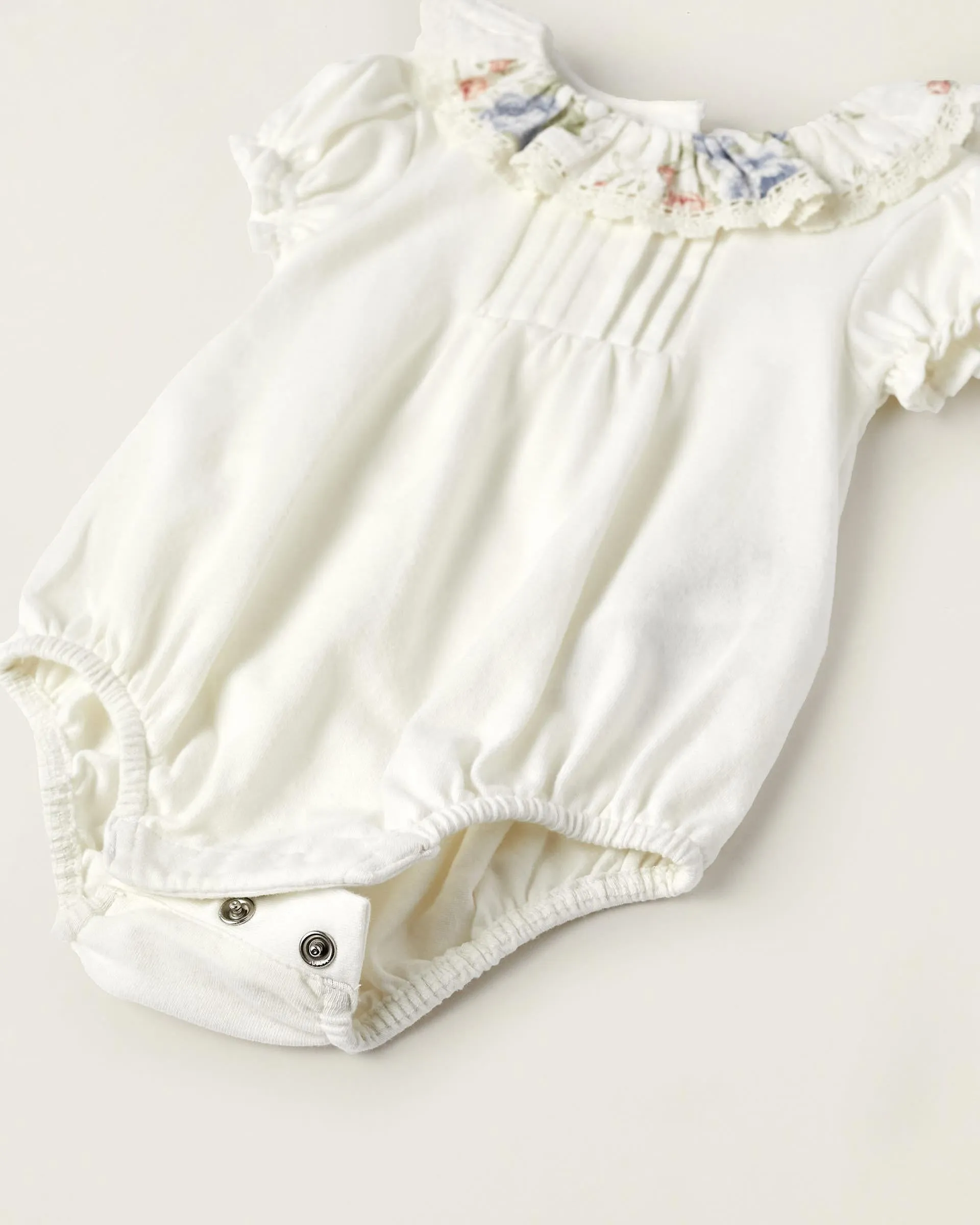 Cotton Bodysuit with Floral Collar for Newborn Girls, White