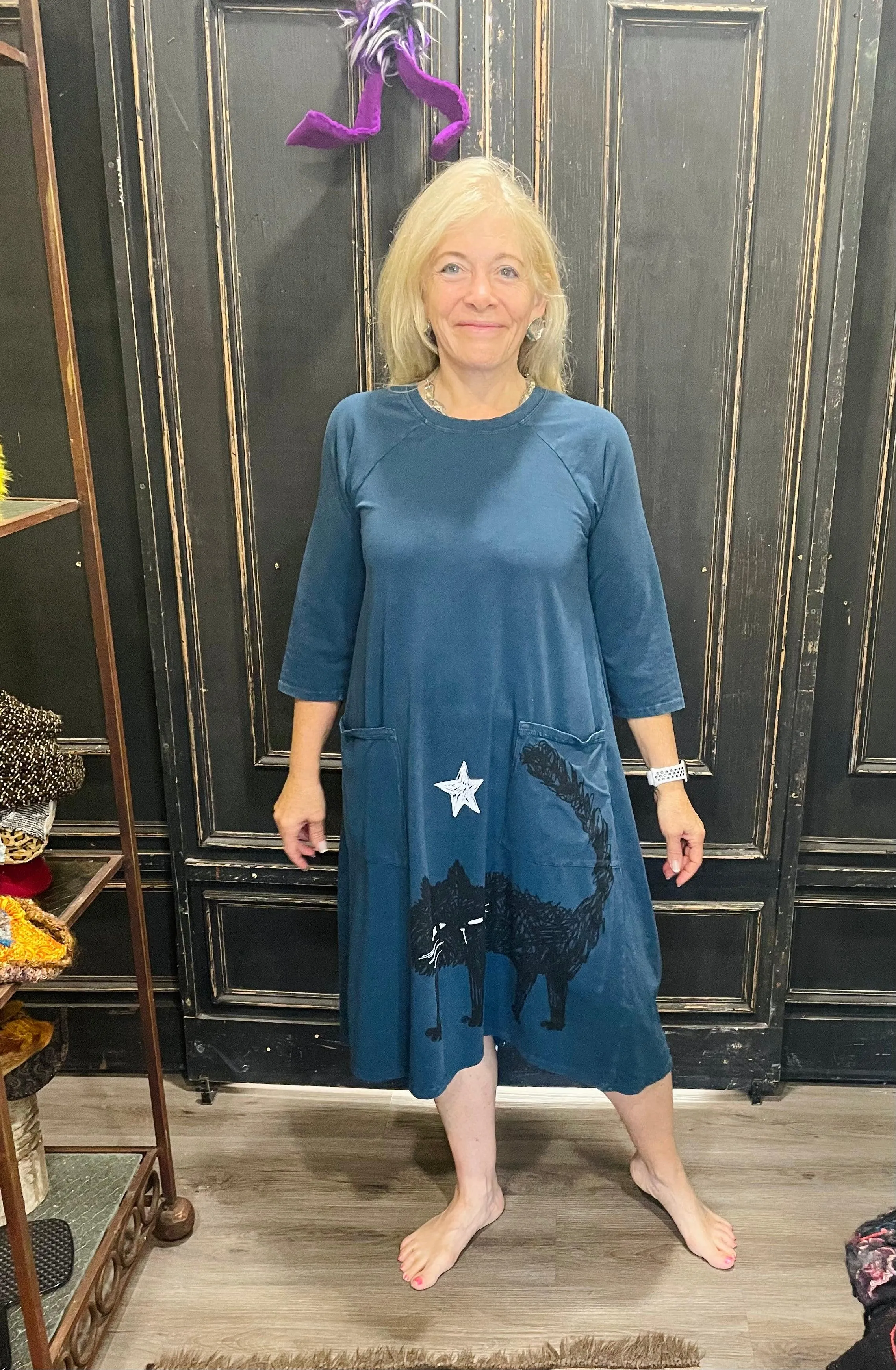 Crew Neck Hi-Lo Dress in Cat Star Print by Doodles