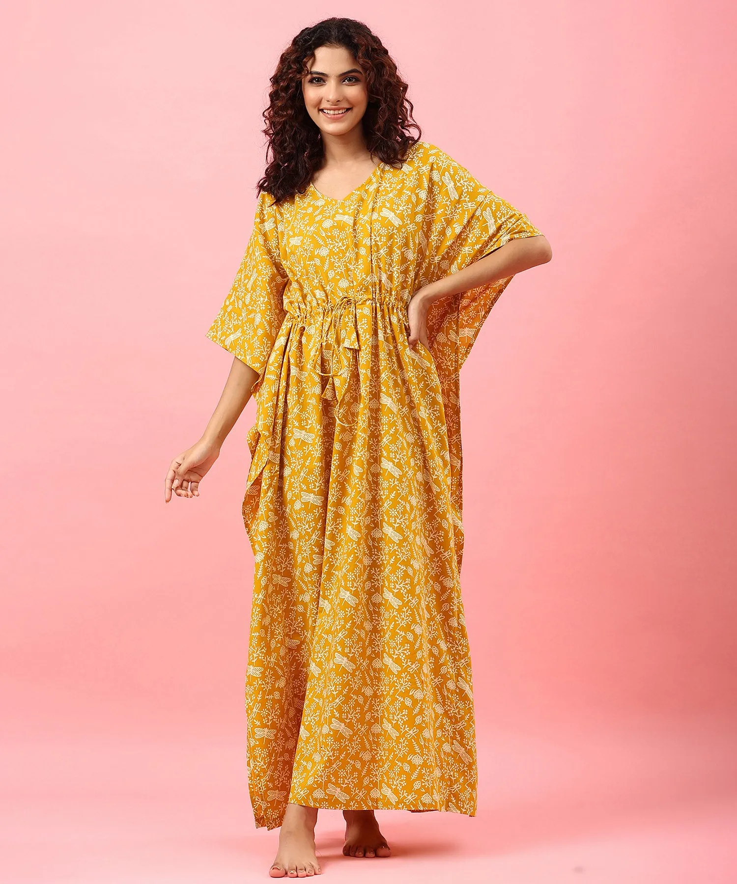 Dancing butterflies on Mustard Cotton Kaftan