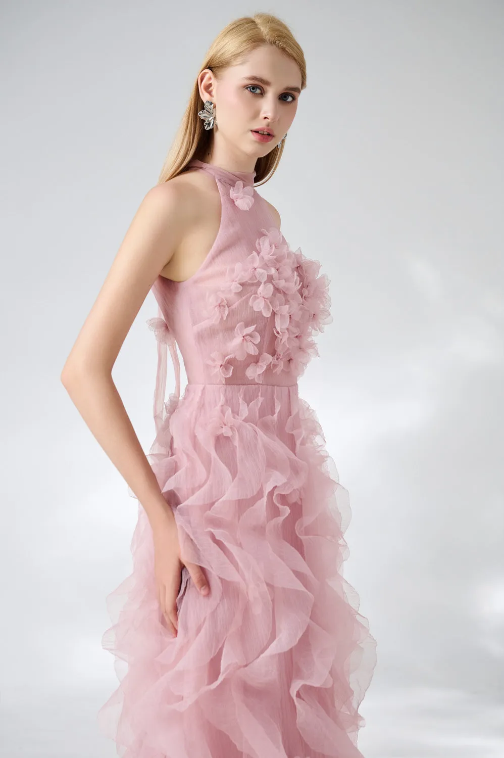 Esteban A-line Flower Applique Organza Floor Length Dress