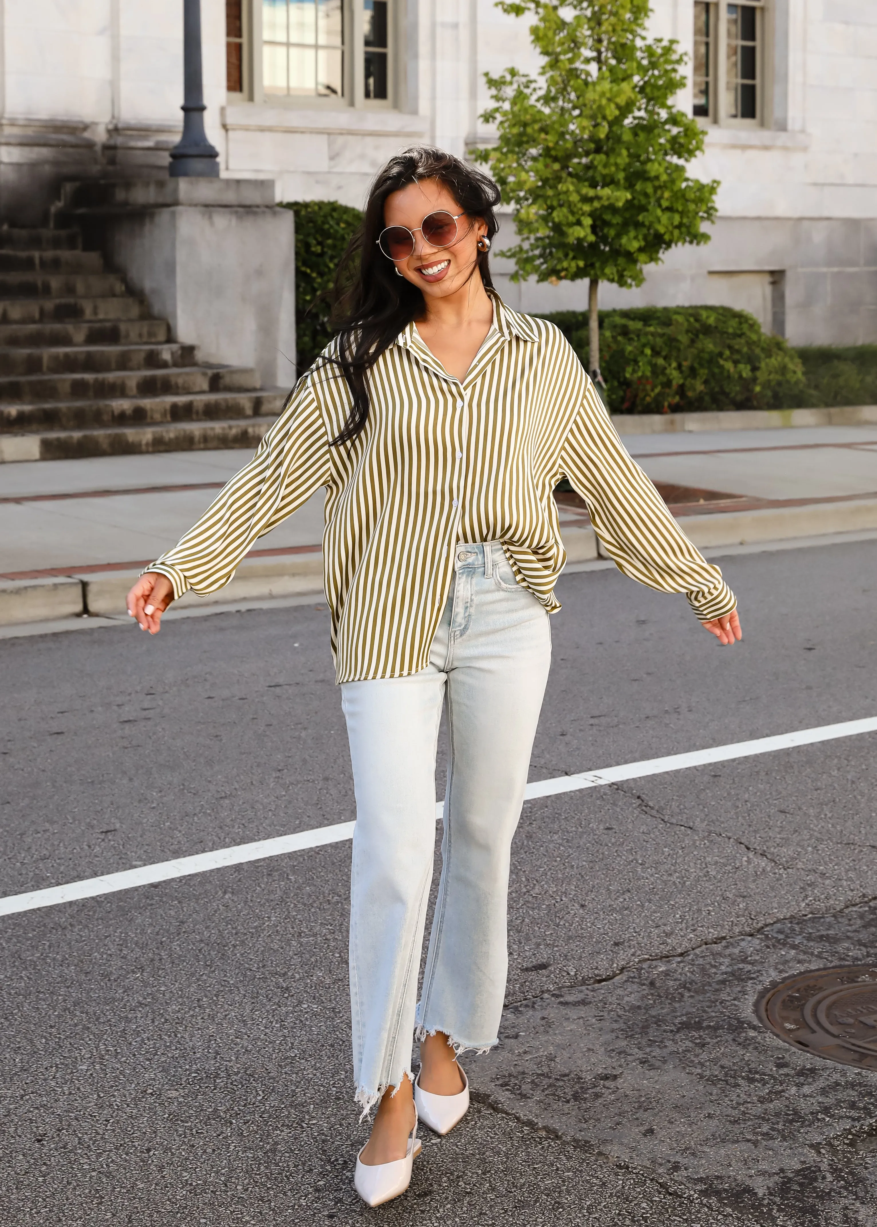 FINAL SALE - Composed Essence Satin Striped Button-Up Blouse