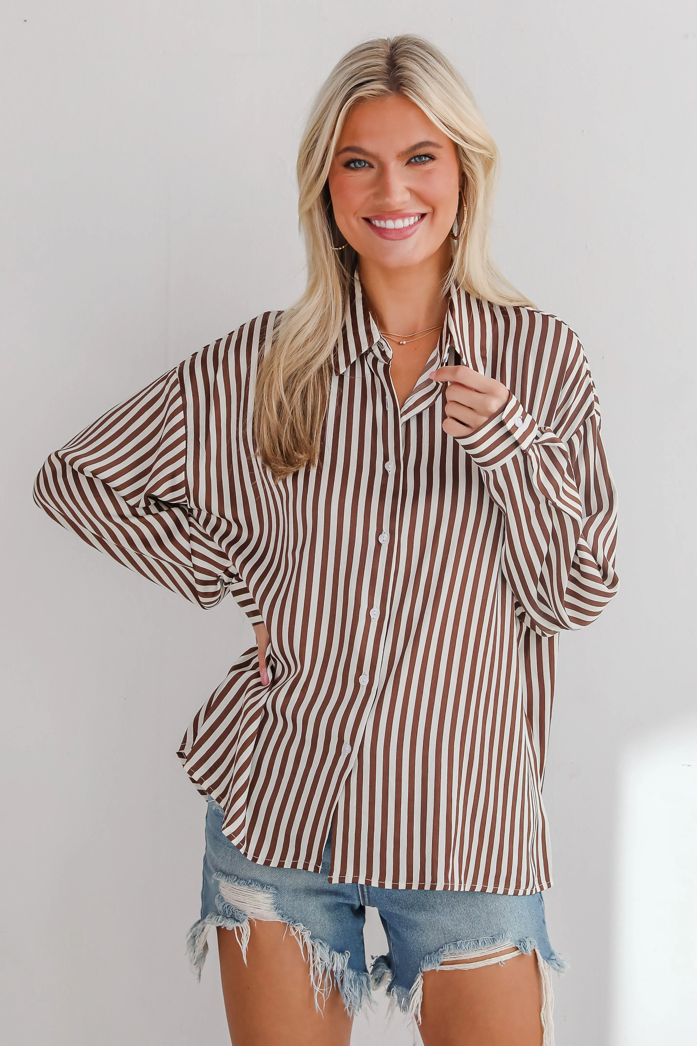 FINAL SALE - Composed Essence Satin Striped Button-Up Blouse