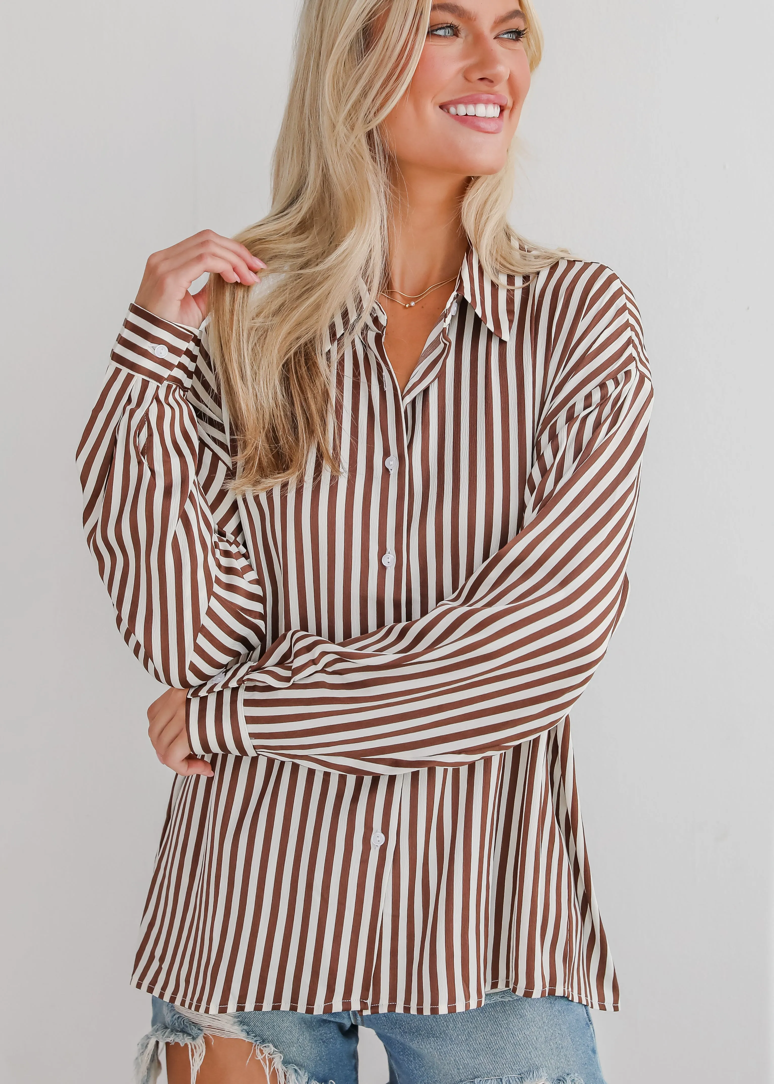 FINAL SALE - Composed Essence Satin Striped Button-Up Blouse