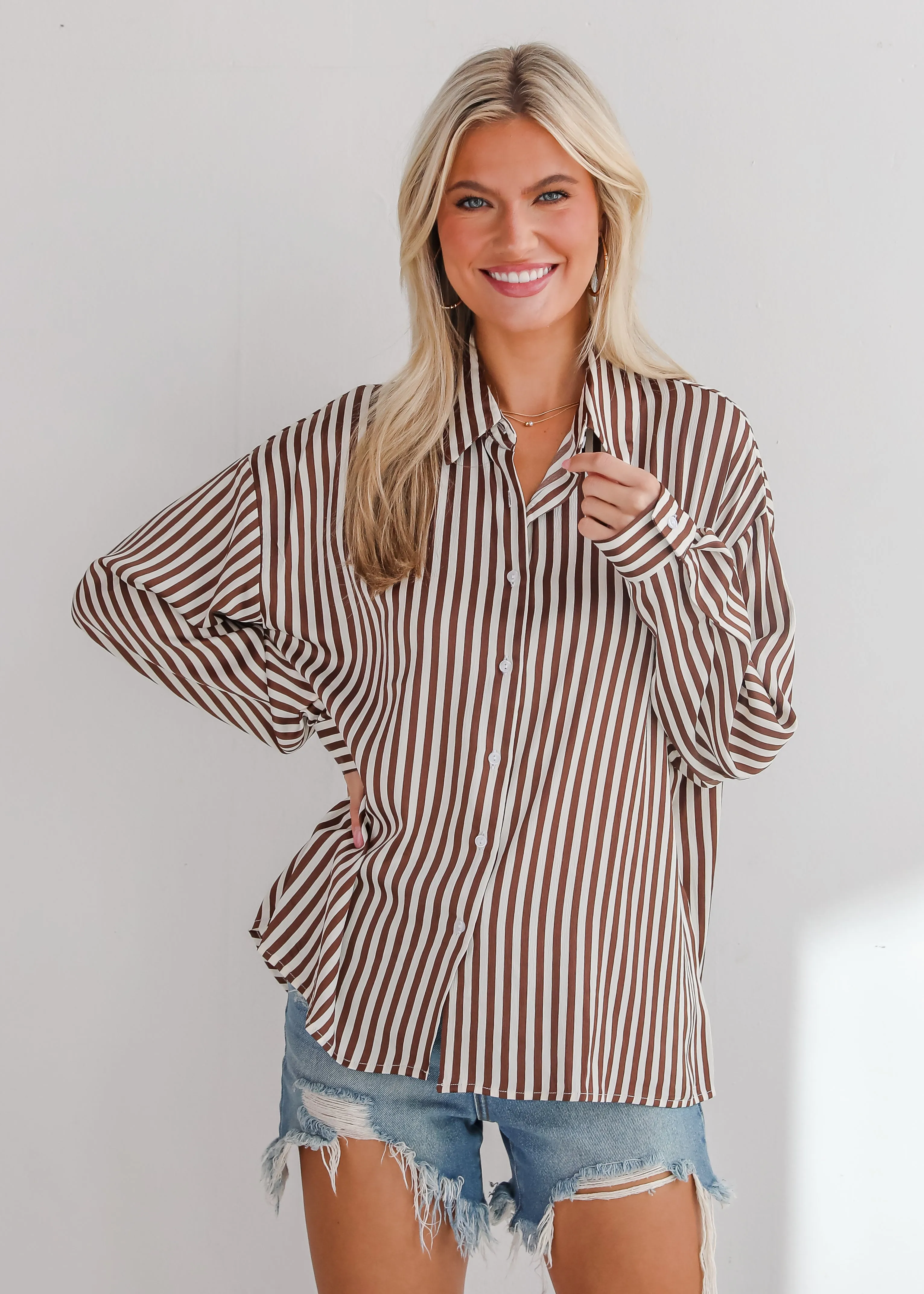 FINAL SALE - Composed Essence Satin Striped Button-Up Blouse