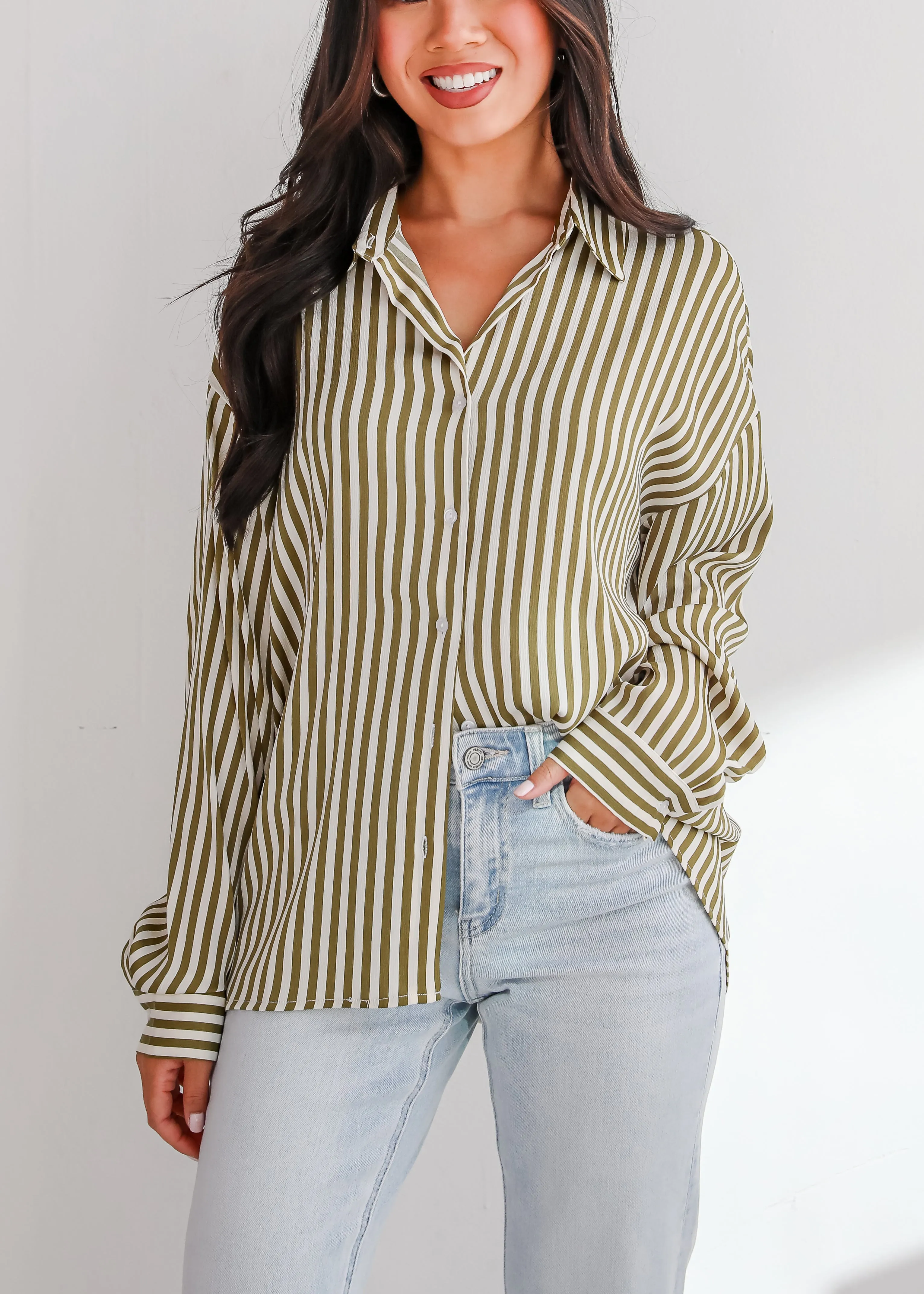 FINAL SALE - Composed Essence Satin Striped Button-Up Blouse