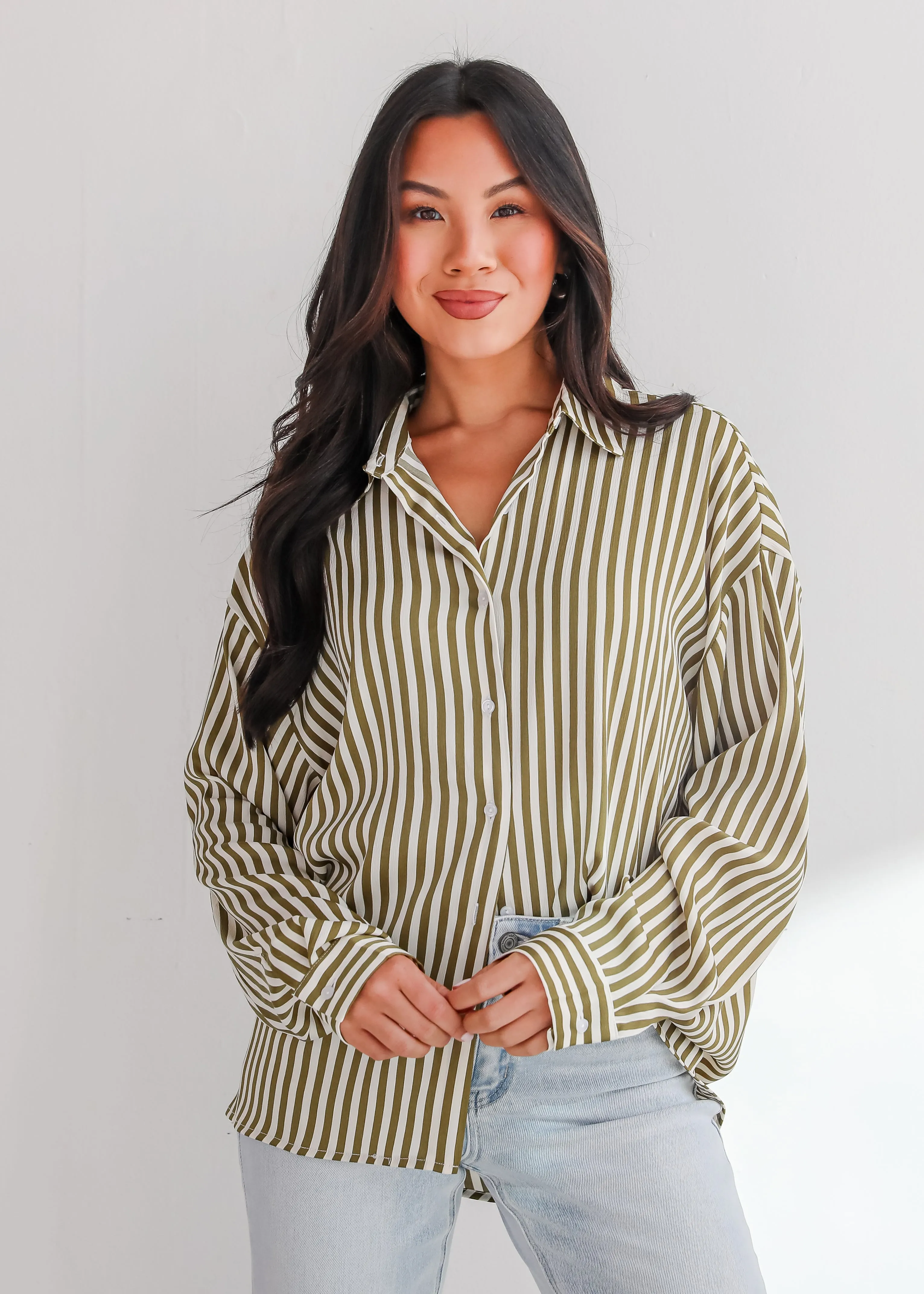 FINAL SALE - Composed Essence Satin Striped Button-Up Blouse