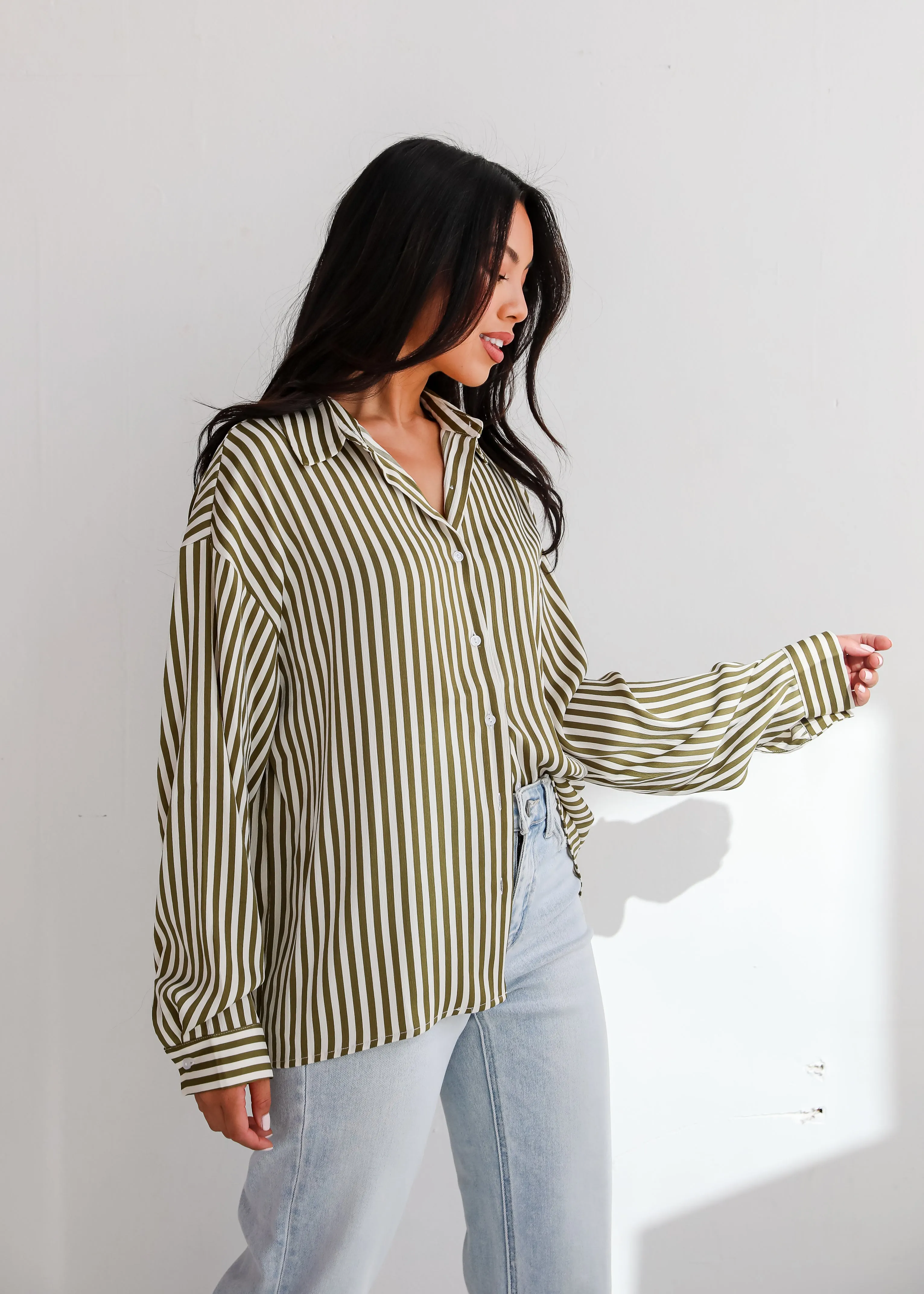 FINAL SALE - Composed Essence Satin Striped Button-Up Blouse