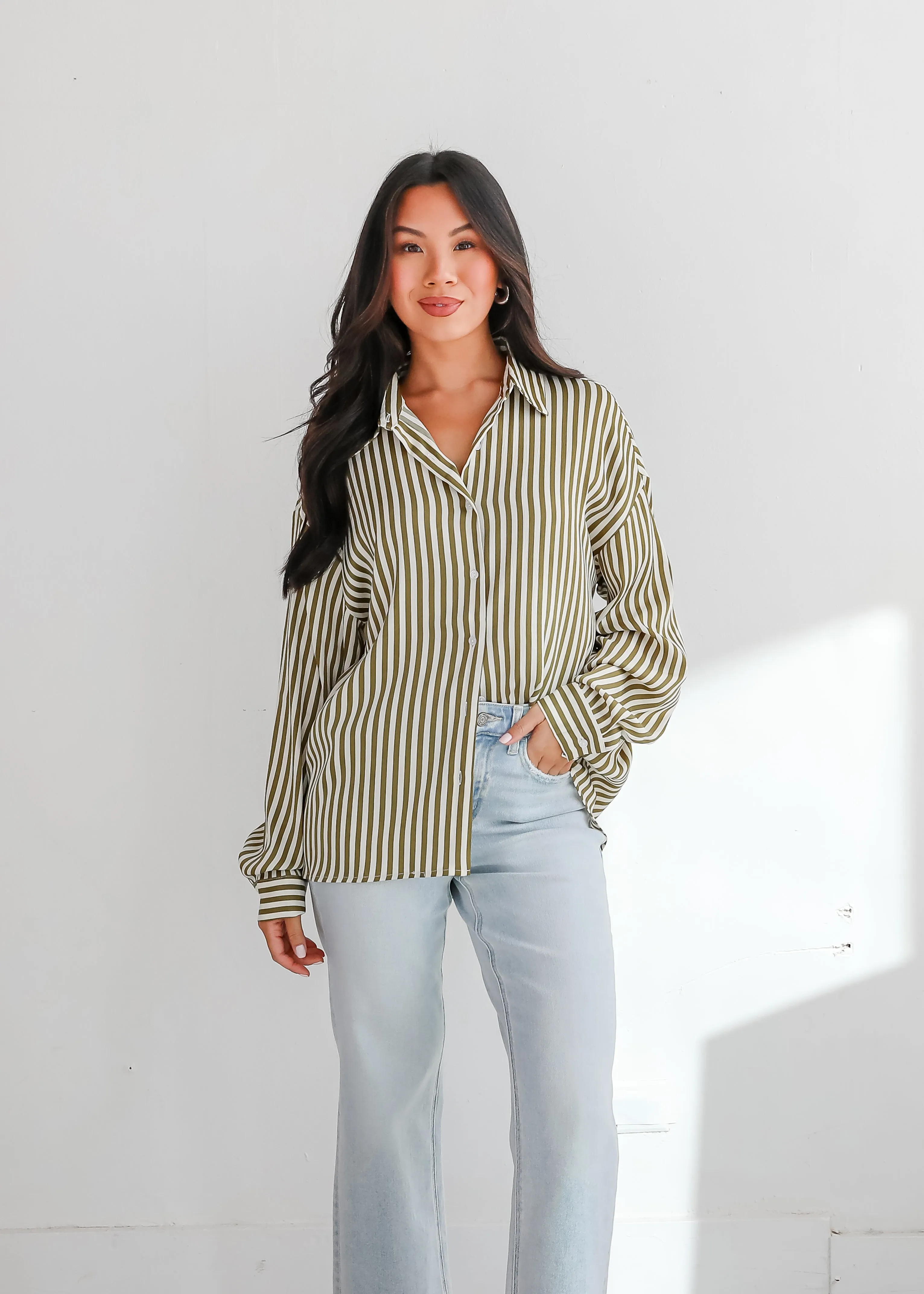 FINAL SALE - Composed Essence Satin Striped Button-Up Blouse